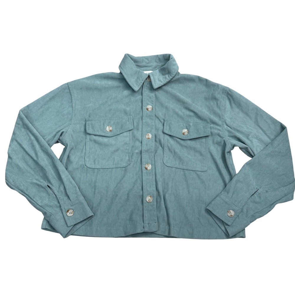 Francesca's Corduroy Shacket Women Size S Green Cropped Cozy Modern Boho NWOT